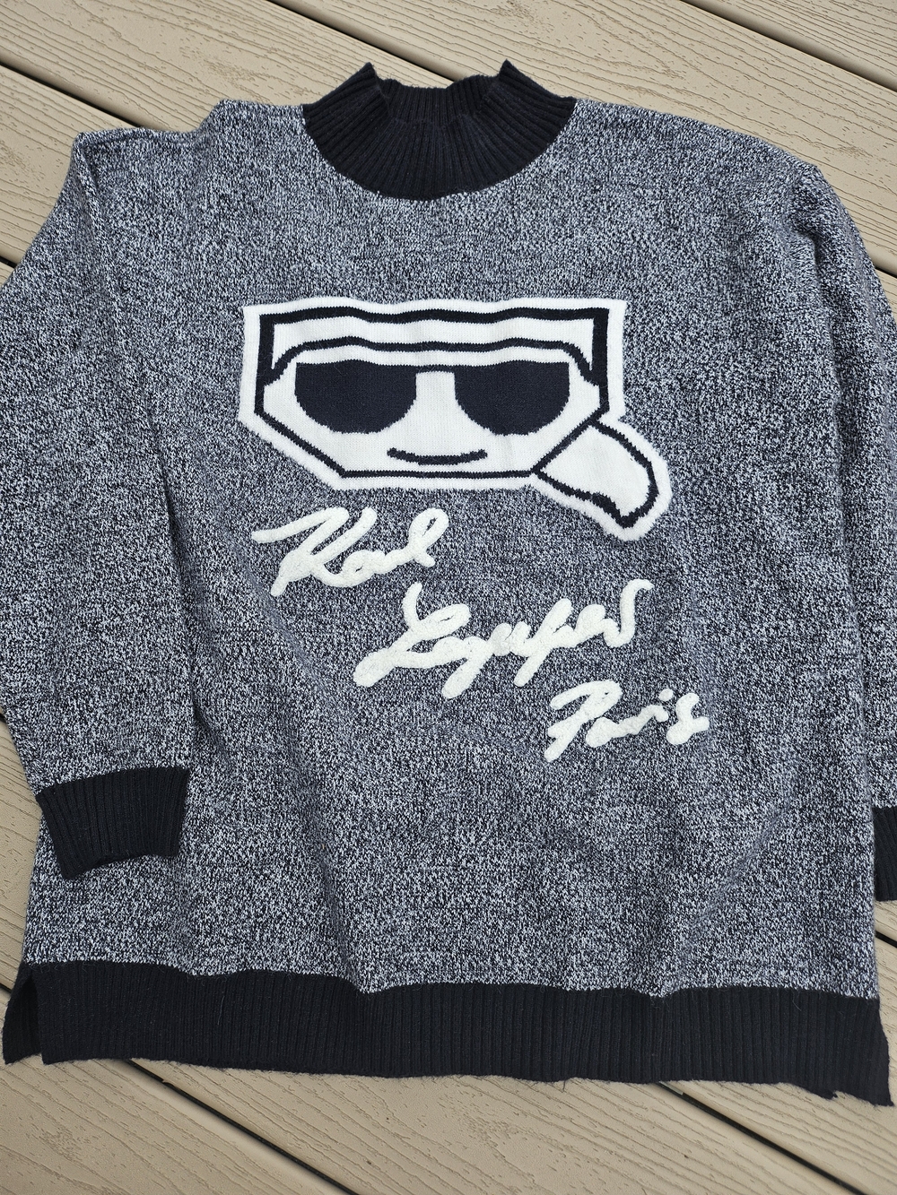 Karl Lagerfeld Black and Gray Crewneck Logo Knit Sweater